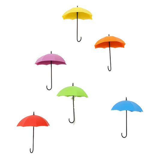Colorful umbrella key holders with metal hooks, assorted yellow, orange, pink, green, blue.