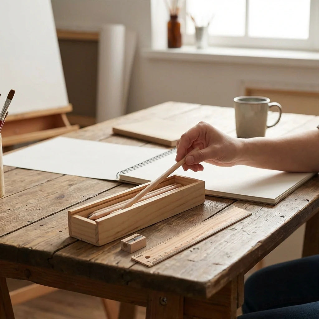 Wooden pencil set in a wooden tray, showing several pencils and caps