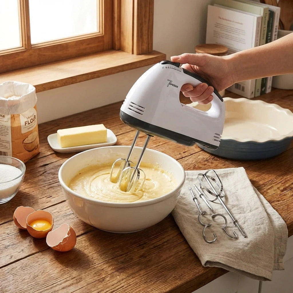 White compact hand electric mixer with two beaters for mixing batter