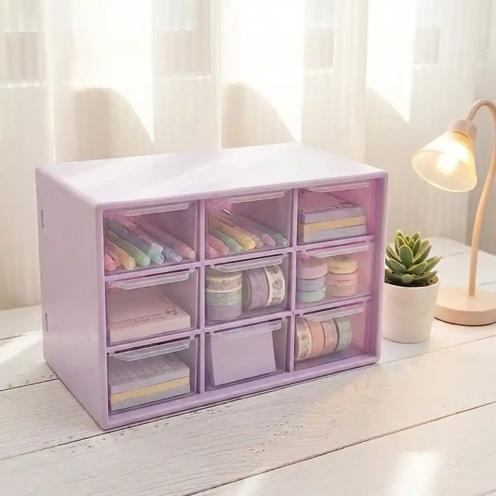 Compact jewelry drawer organizer with top open, showing stacked clear compartments, purple tinted
