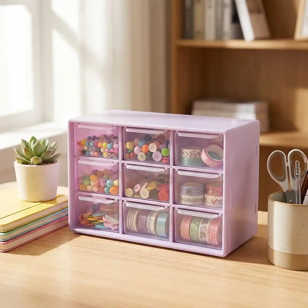 Compact jewelry drawer organizer with lid open, clear compartments holding colorful items, purple tinted