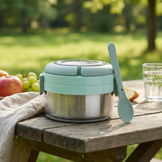 Compact leak-proof lunch box with mint lid and integrated spoon, round insulated design