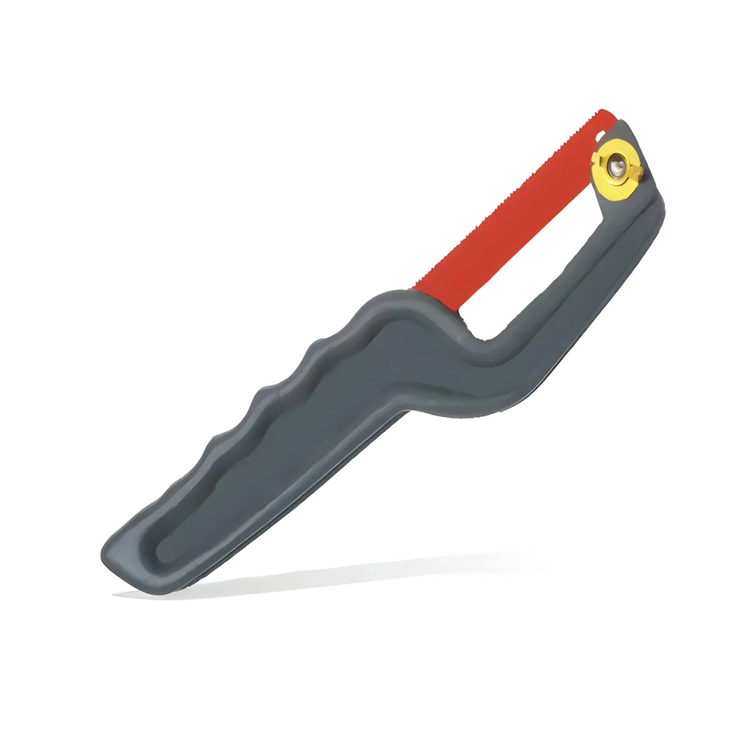 Compact hacksaw with red handle and gray body