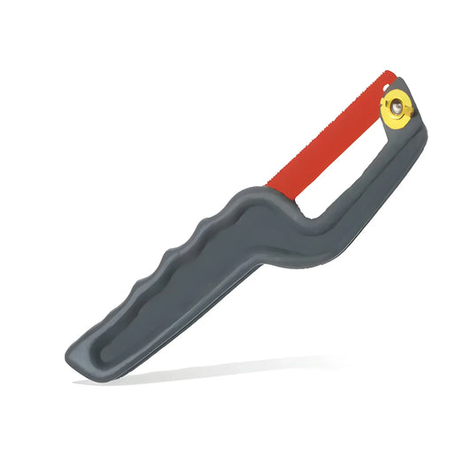 Compact hacksaw with red handle and gray body