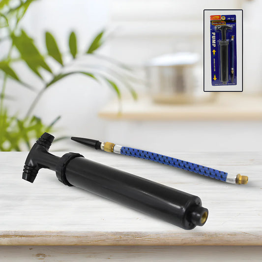 Compact sports ball pump with black body, blue braided hose, and brass nozzle