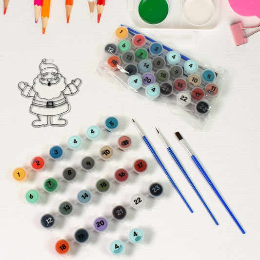Paint-by-numbers kit with numbered paint pots and paint brushes