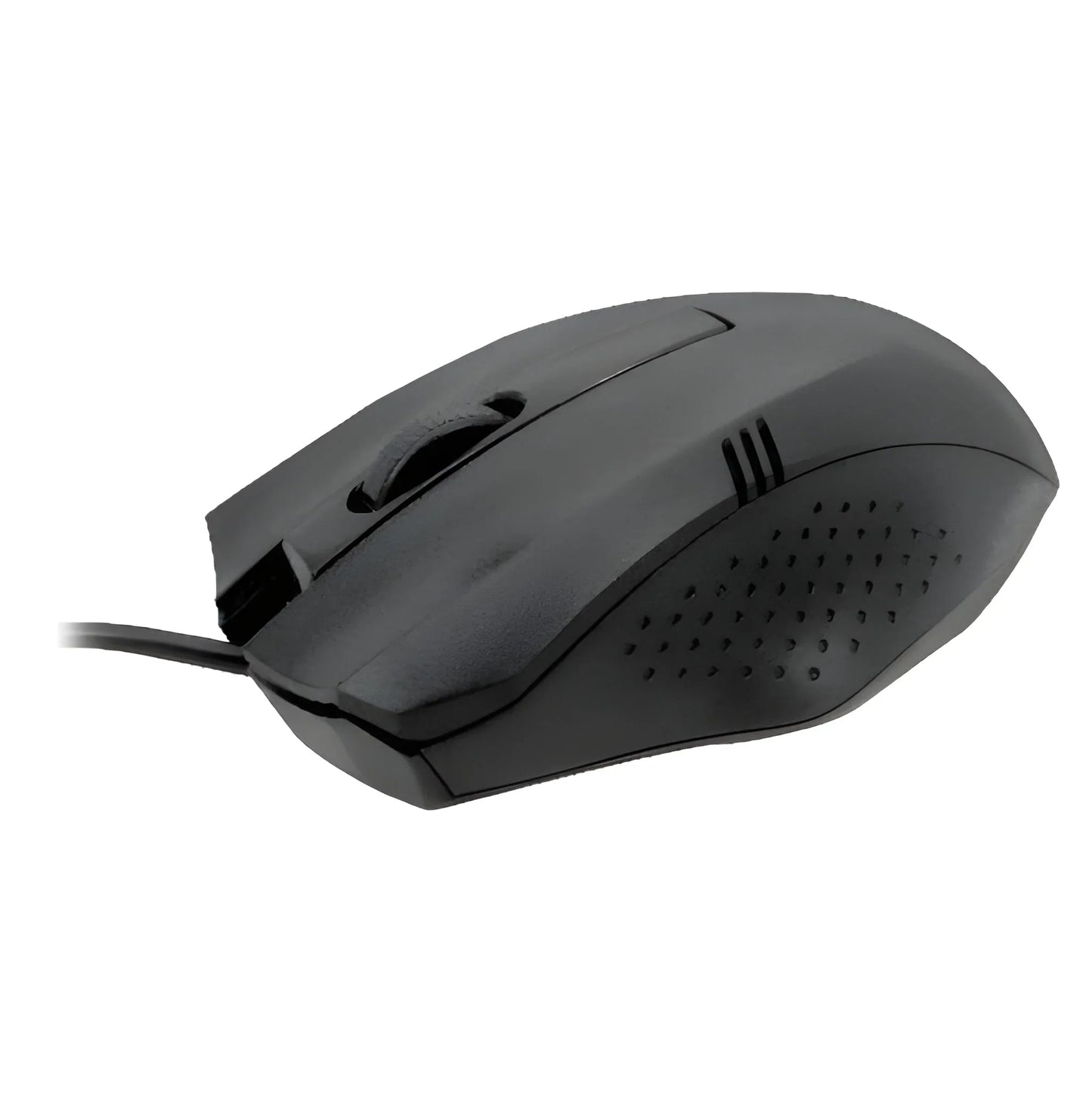 Wired optical computer mouse in dark gray with scroll wheel and side button