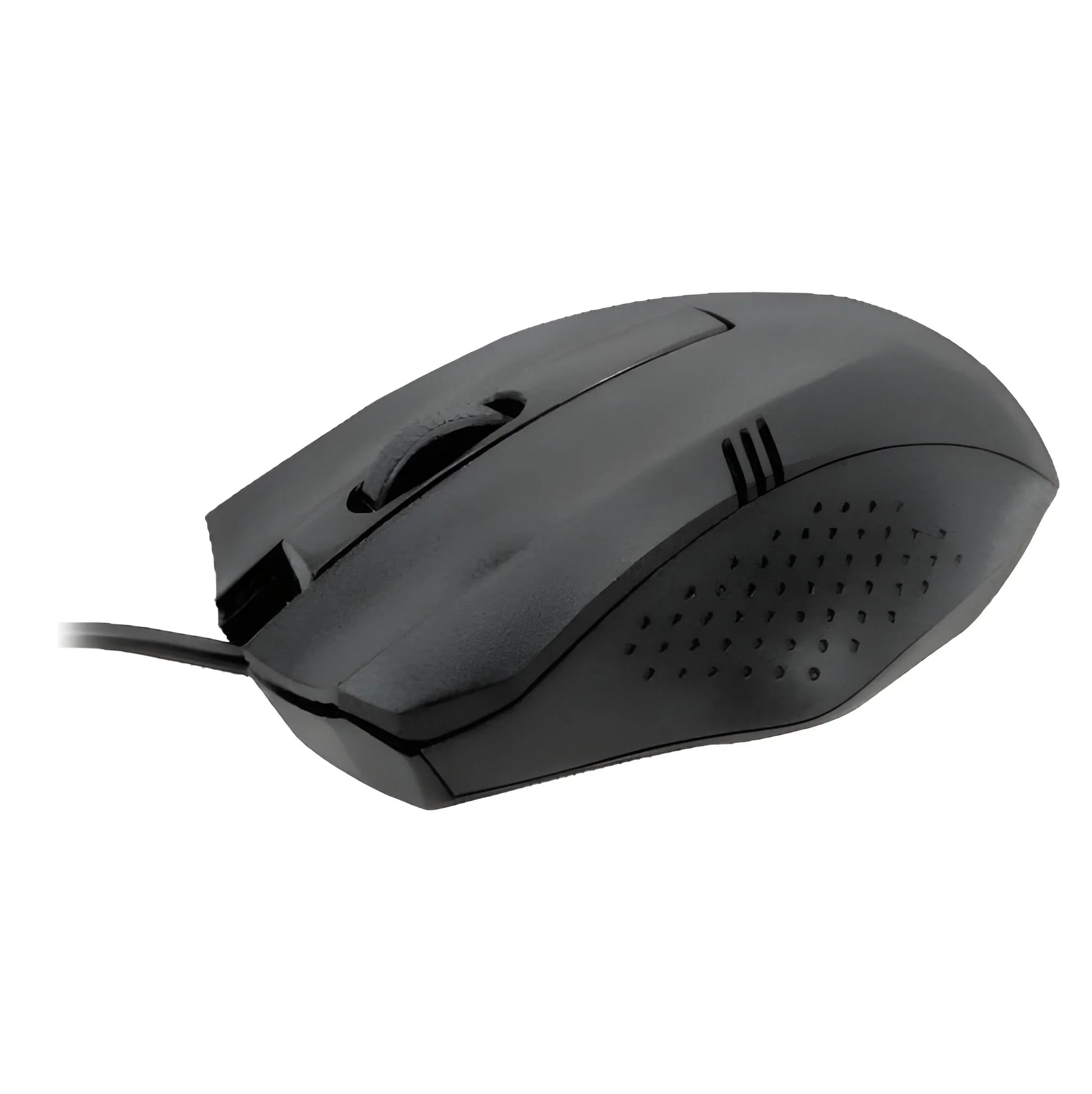 Wired optical computer mouse in dark gray with scroll wheel and side button