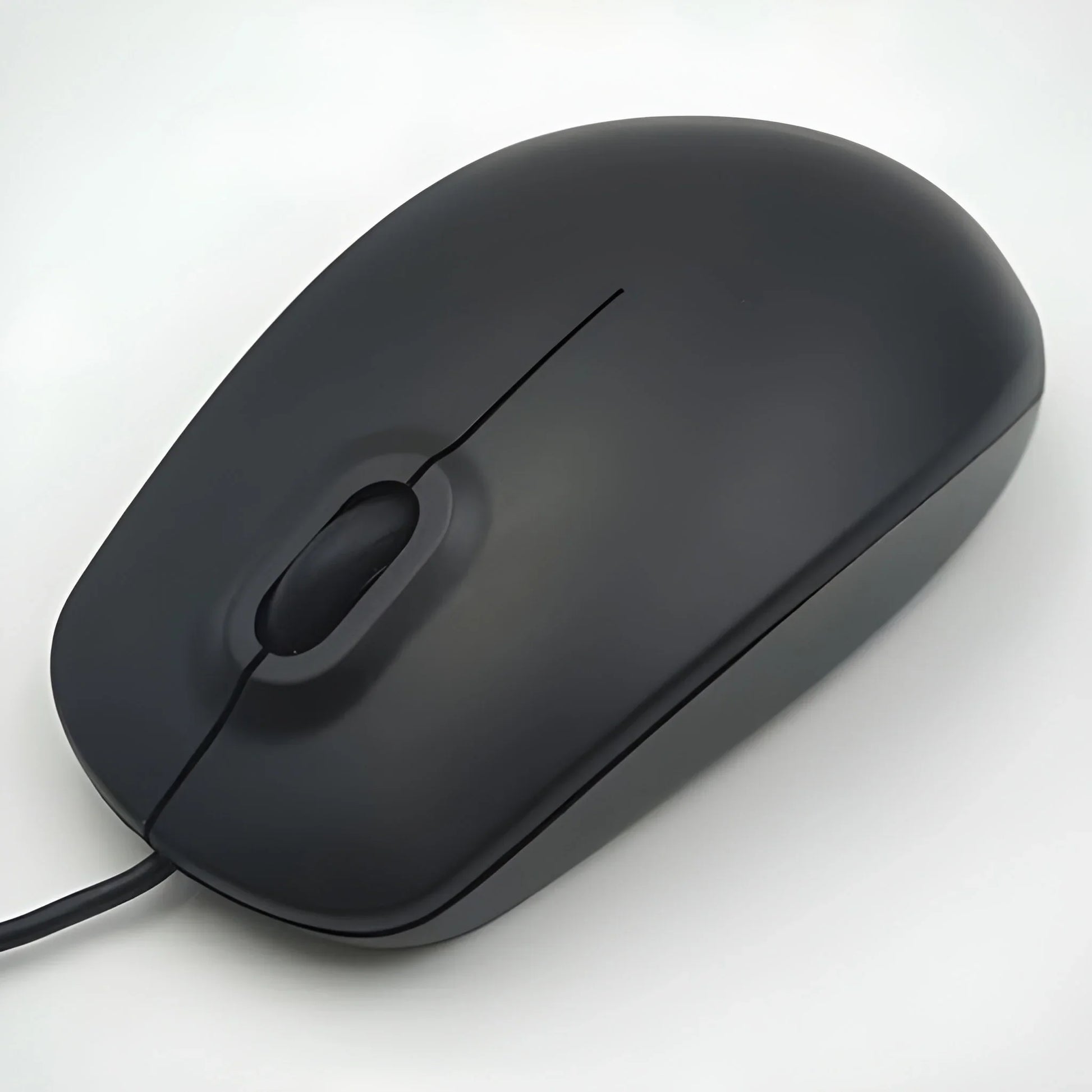 Wired optical computer mouse in dark black, with scroll wheel and cable
