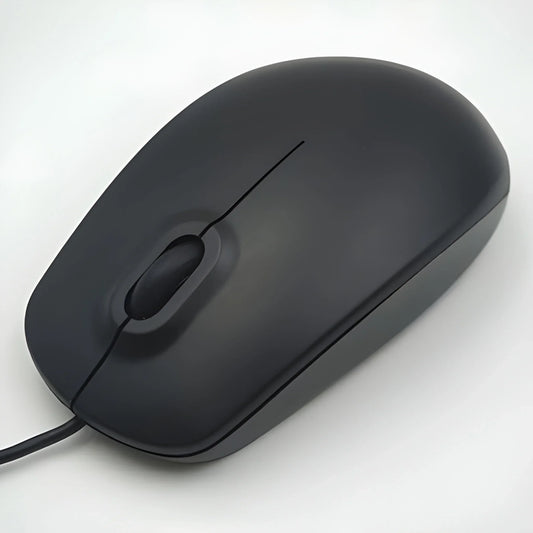 Wired optical computer mouse in dark black, with scroll wheel and cable