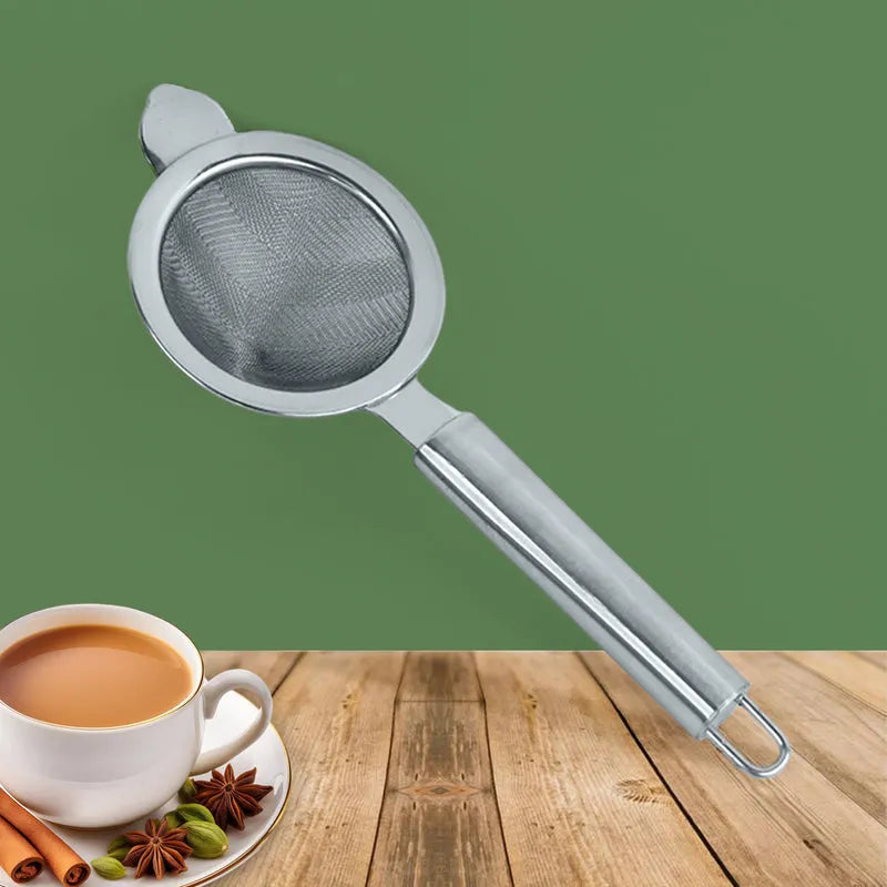 Conical tea strainer with fine mesh basket and long handle