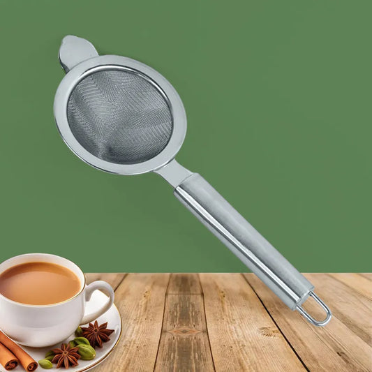 Conical tea strainer with fine mesh basket and long handle