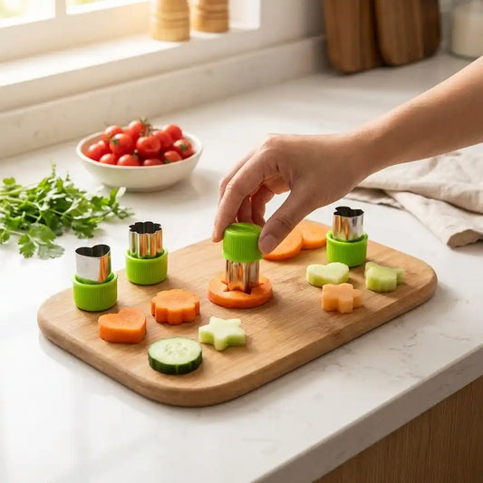 Cookie cutter set with green handles and metal edges on a wooden cutting board