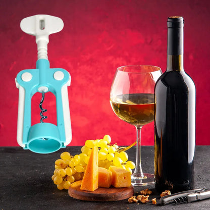 Teal and white corkscrew bottle opener with metal spiral.