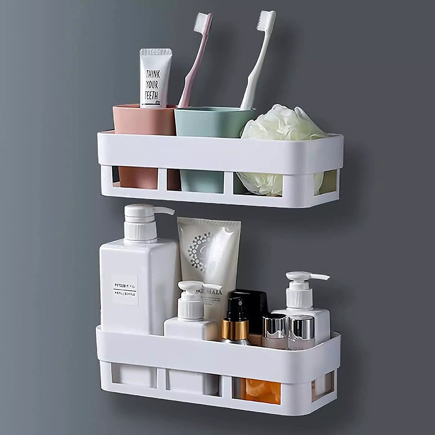 White two-tier corner shower caddy with suction cups, open slots and side holders