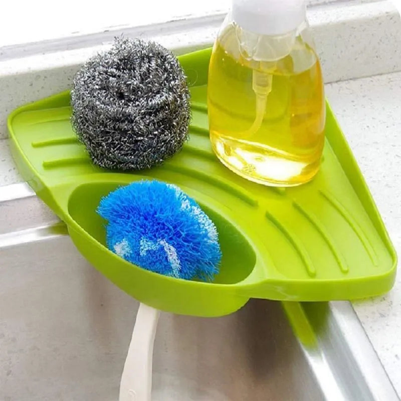 Green corner sink strainer with sponge holder and draining slots