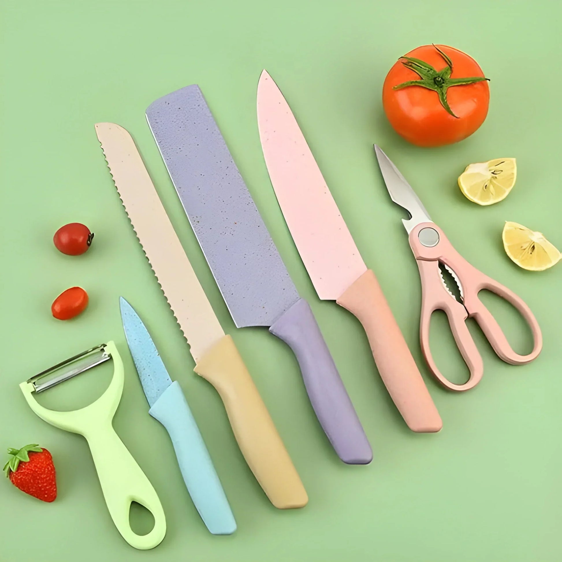 Corrugated kitchen knife set with pastel handles