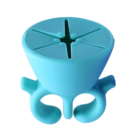 Blue plastic cosmetic organizer stand with circular top and bottle slots