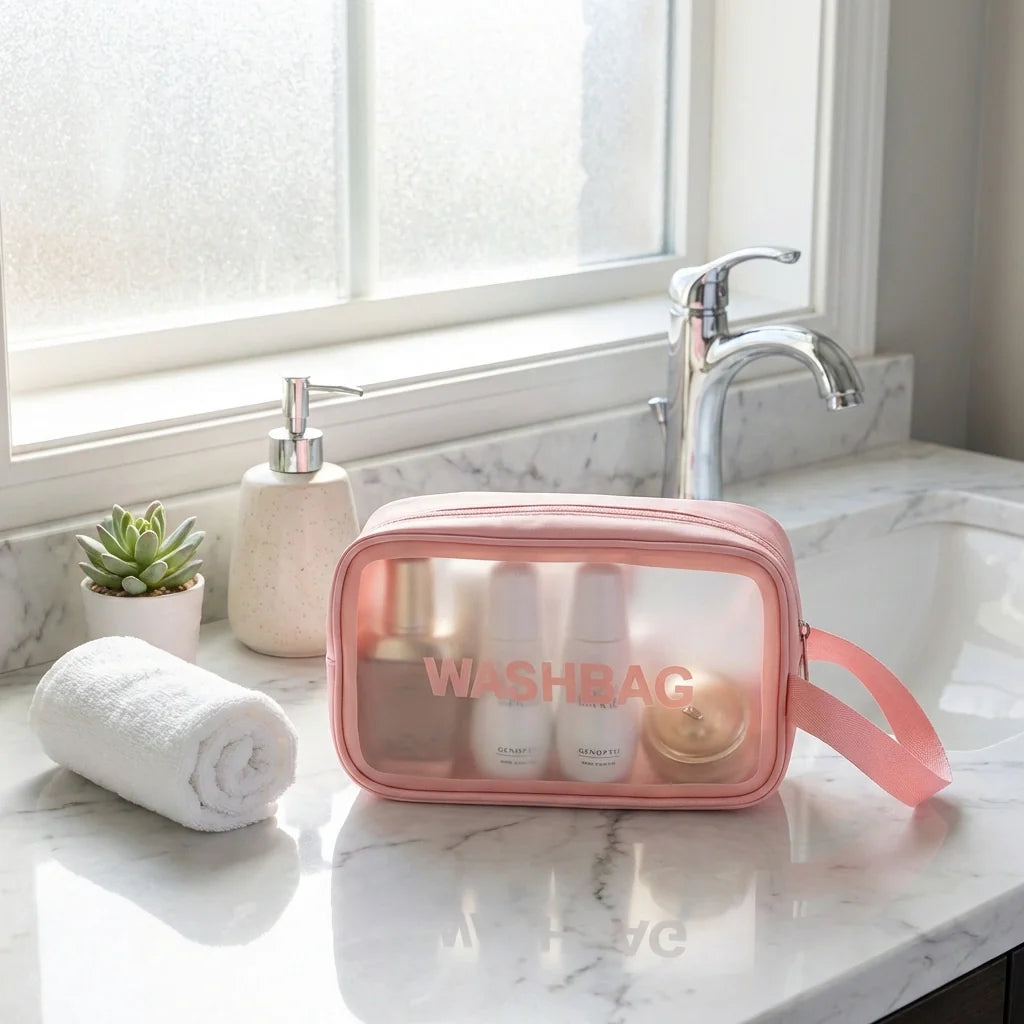 Pink cosmetic wash bag with clear front panel, zipper closure, WASHBAG logo