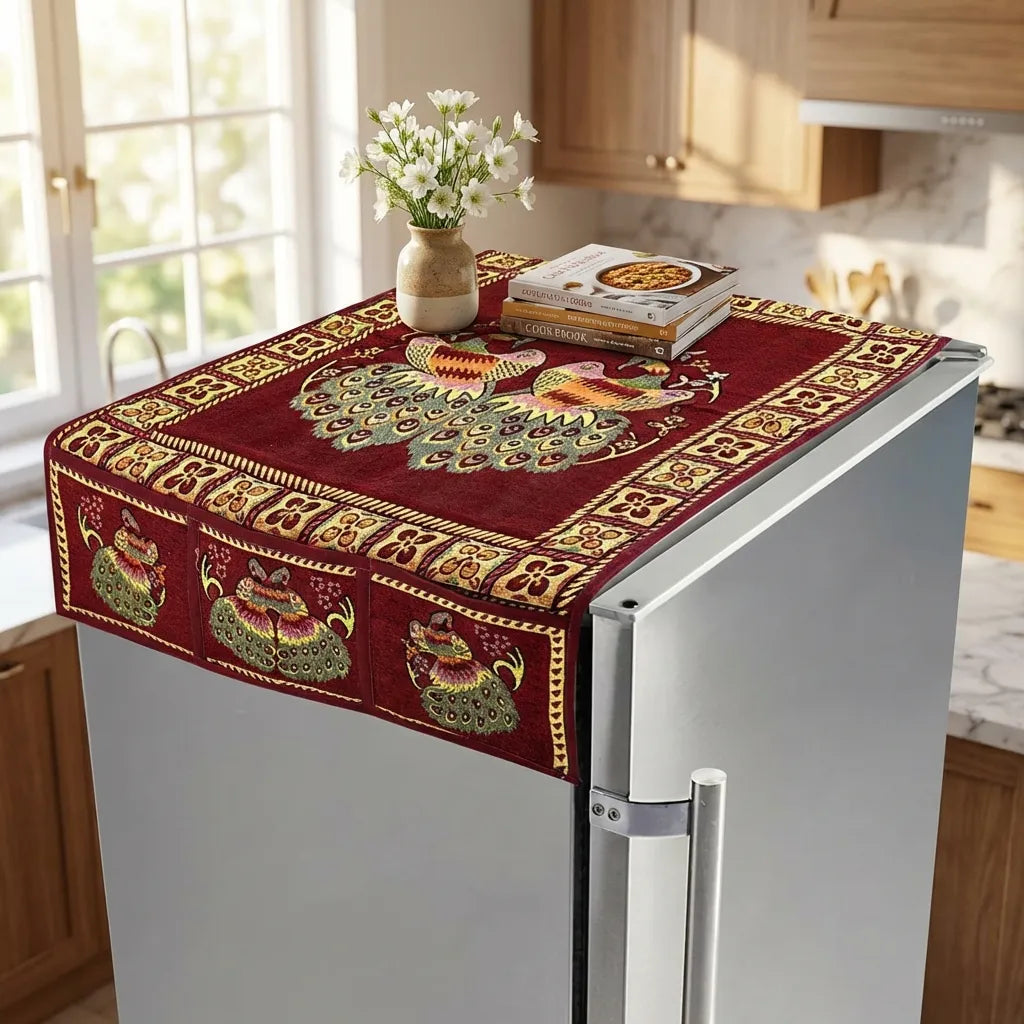 Cotton fridge top cover with red and gold owl pattern, 100x60 cm.