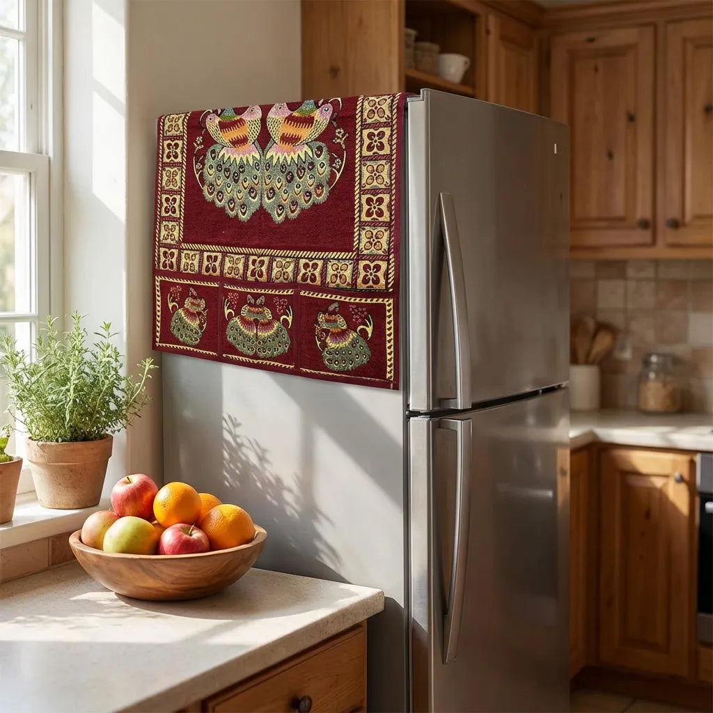 Cotton fridge top cover draped on refrigerator top, burgundy owl ornate pattern.