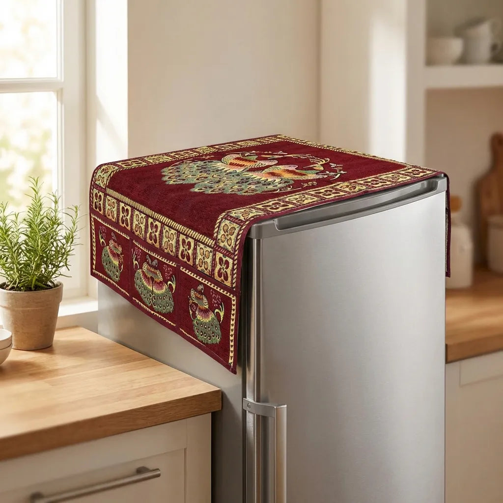 Cotton fridge top cover with burgundy owl pattern across refrigerator top.