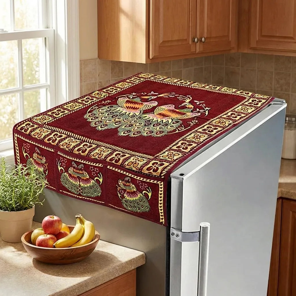 Cotton fridge top cover with burgundy owl motif and border, 100x60 cm.