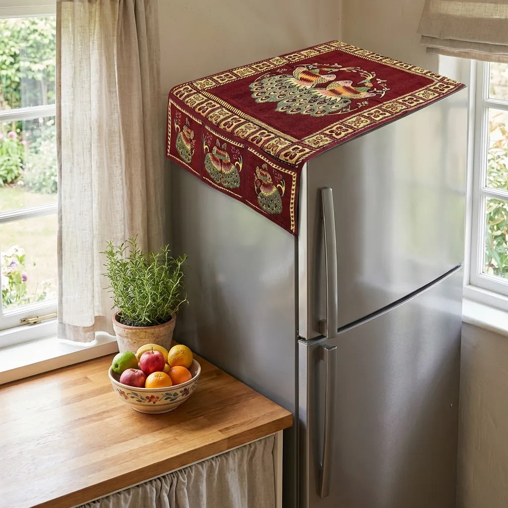 Cotton fridge top cover with red owl medallion design and gold edge.