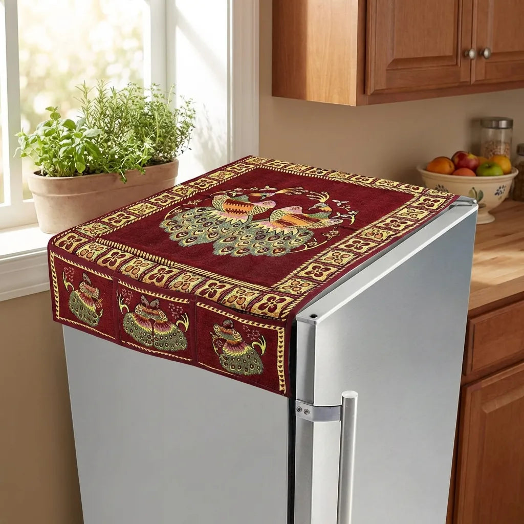 Cotton fridge top cover with burgundy base and gold trim, 100x60 cm.