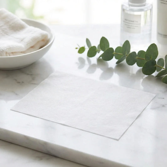 Cotton makeup remover pads, white square sheets on a tabletop