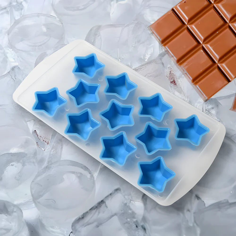 Silicone ice tray with blue star-shaped cavities