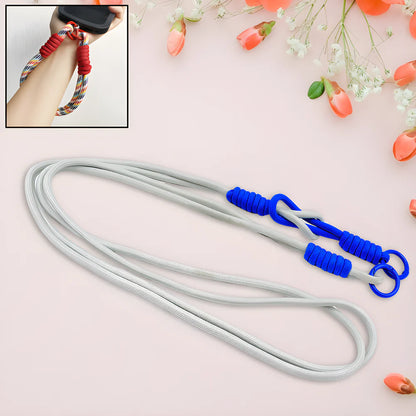 Cross-body phone lanyard with light gray cord and blue connectors