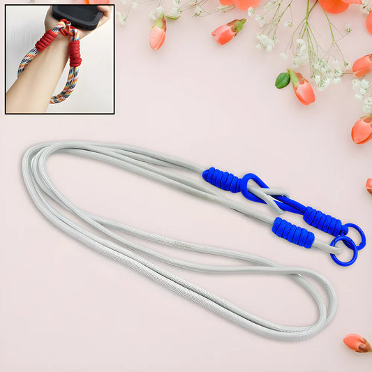 Cross-body phone lanyard with light gray cord and blue connectors