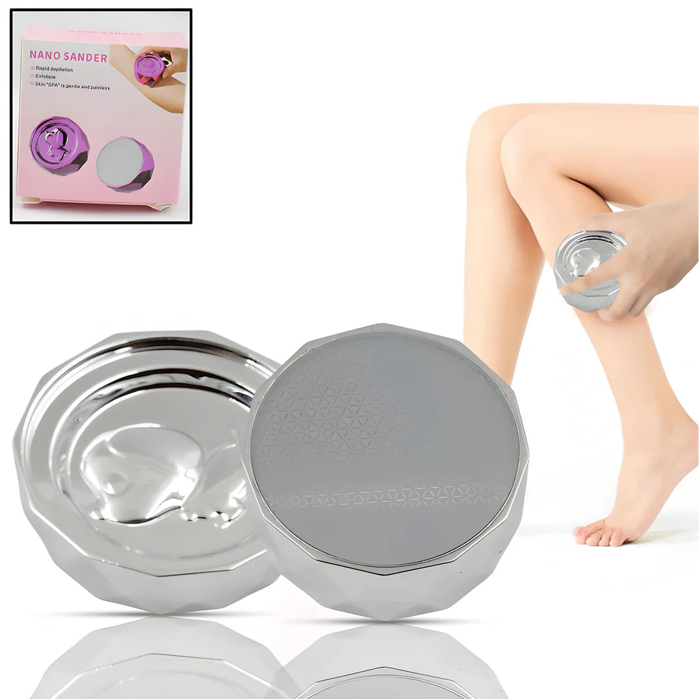 Crystal hair eraser tool with round gray pads and silver canisters