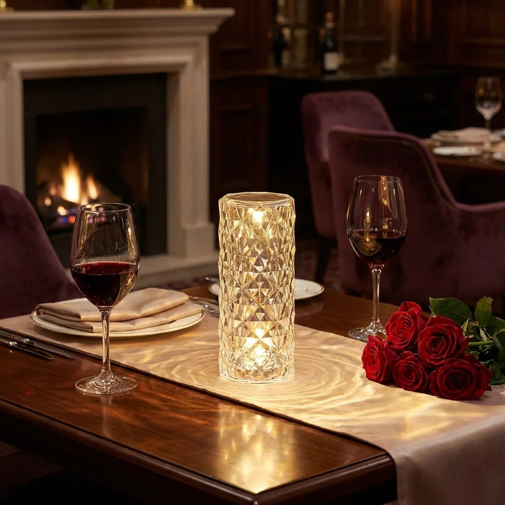 Faceted crystal LED candle with glowing warm light, cylindrical glass body