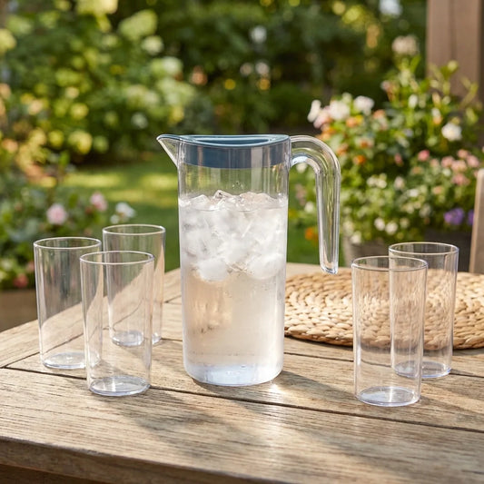 Clear glass jug with handle and four matching tumblers, filled with ice water.