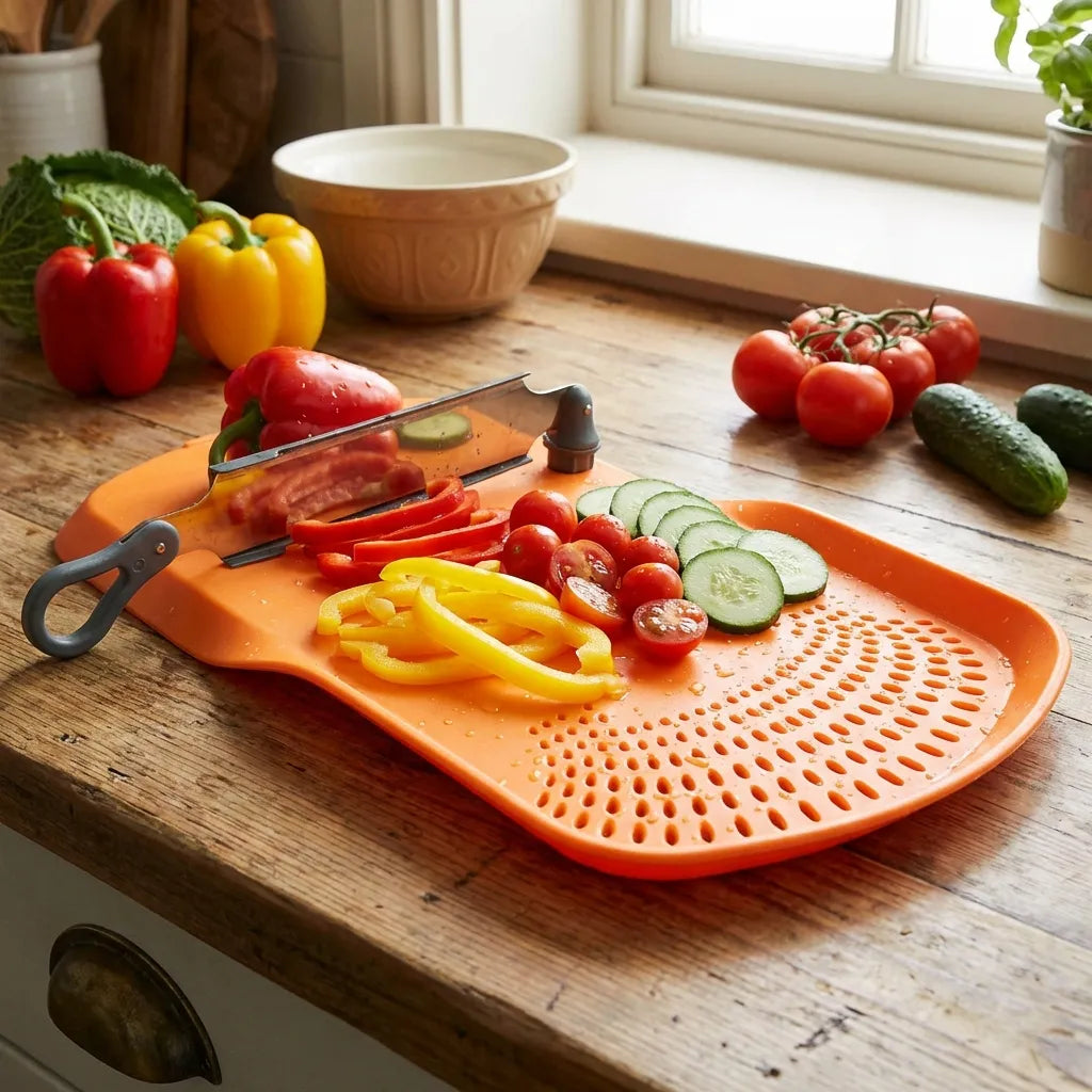 Orange perforated cutting board with sliced zucchini, peppers, and cherry tomatoes