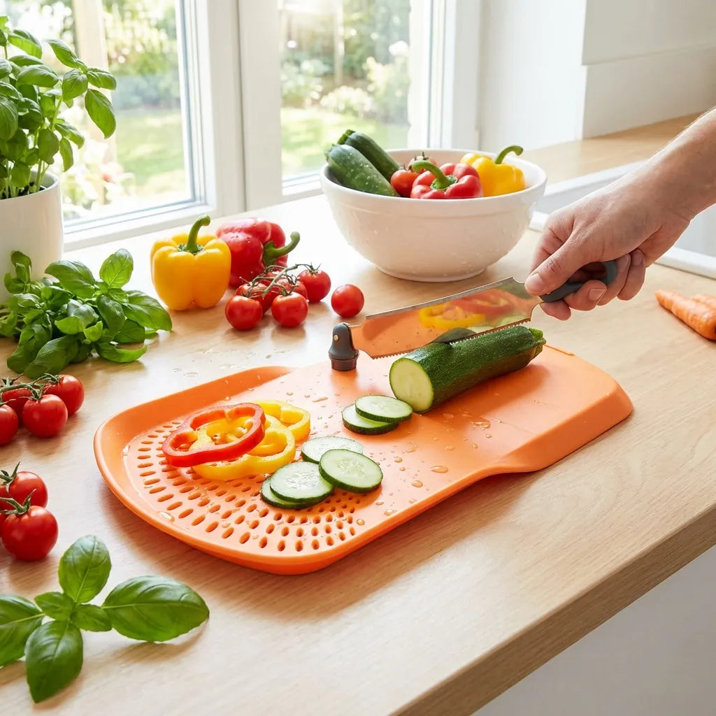 Orange perforated cutting board on counter with cucumber rounds and pepper slices