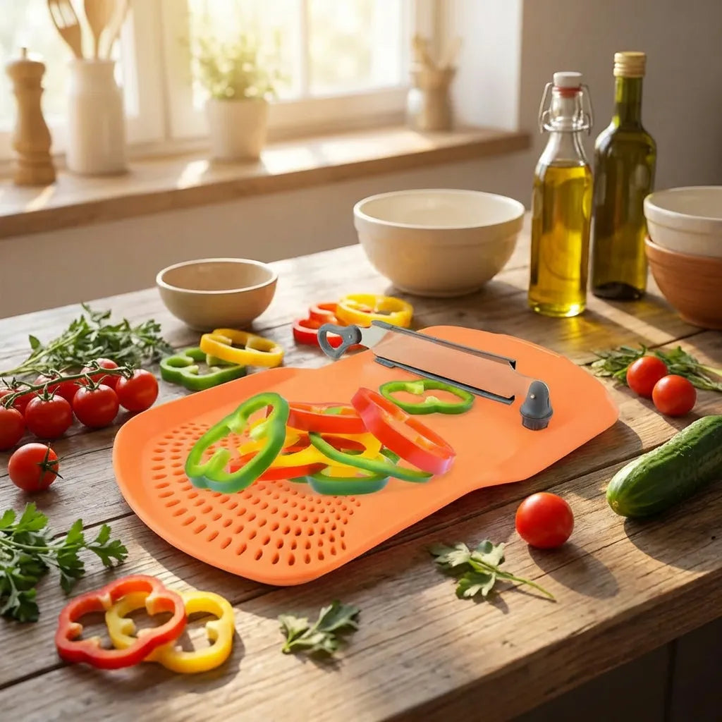 Orange perforated cutting board with vegetable slices, plus chef knife on wood