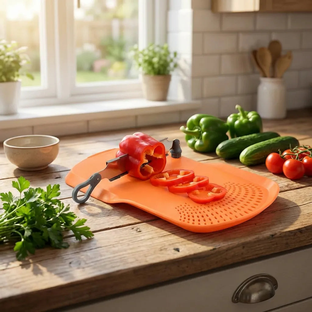 Orange perforated cutting board with sliced vegetables and bell pepper halves