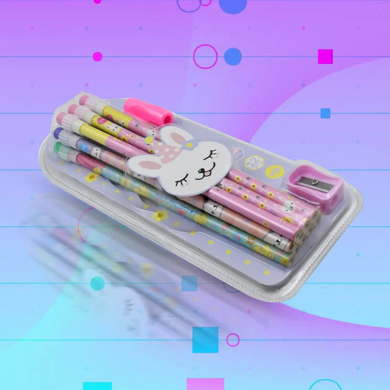 Cute animal pencil set in clear case with colorful pencils, eraser, and sharpener