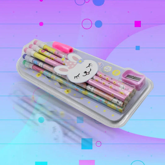 Cute animal pencil set in clear case with colorful pencils, eraser, and sharpener