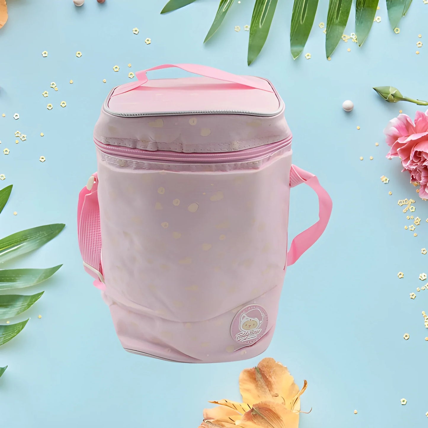 Pink insulated lunch bag with animal print, zip top and side carry handle