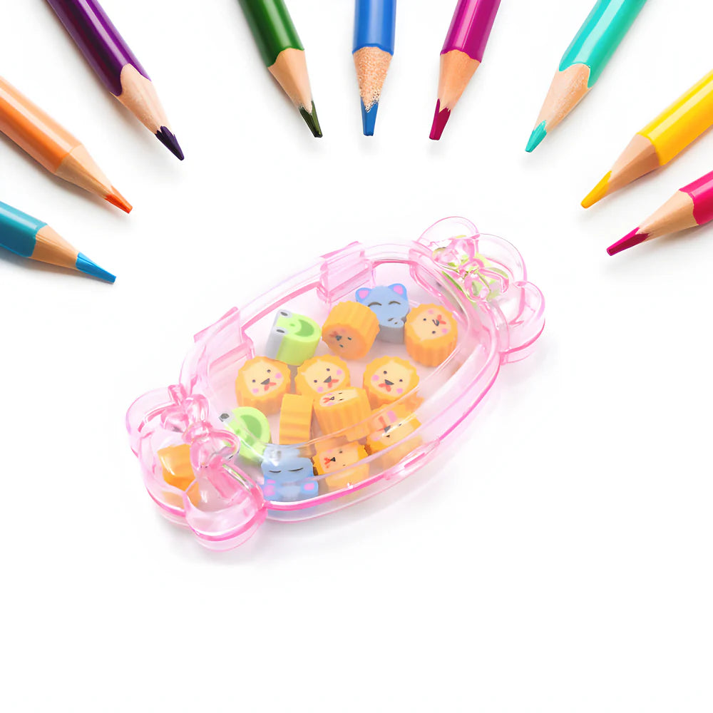 Heart-shaped cute eraser set with clear case and small animal character erasers
