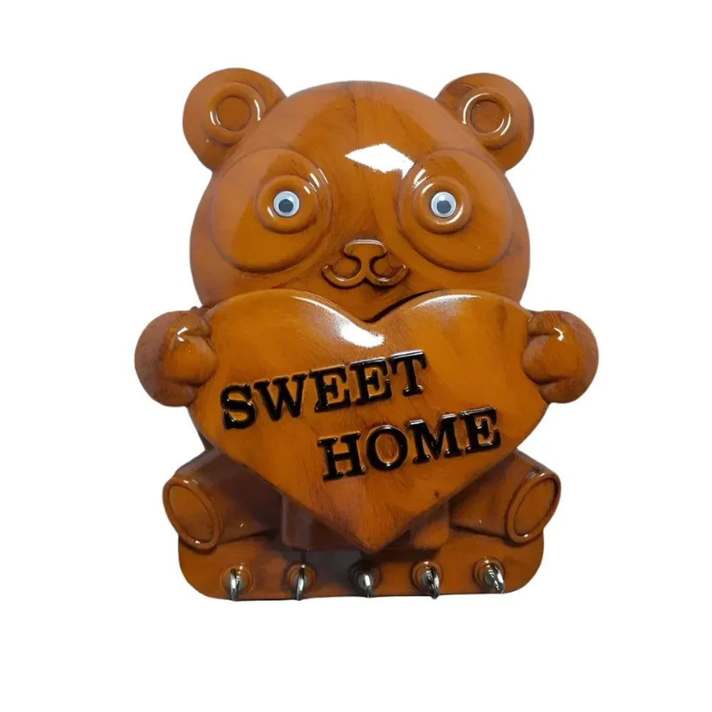 Brown panda key holder with 'SWEET HOME' heart tag and five hooks