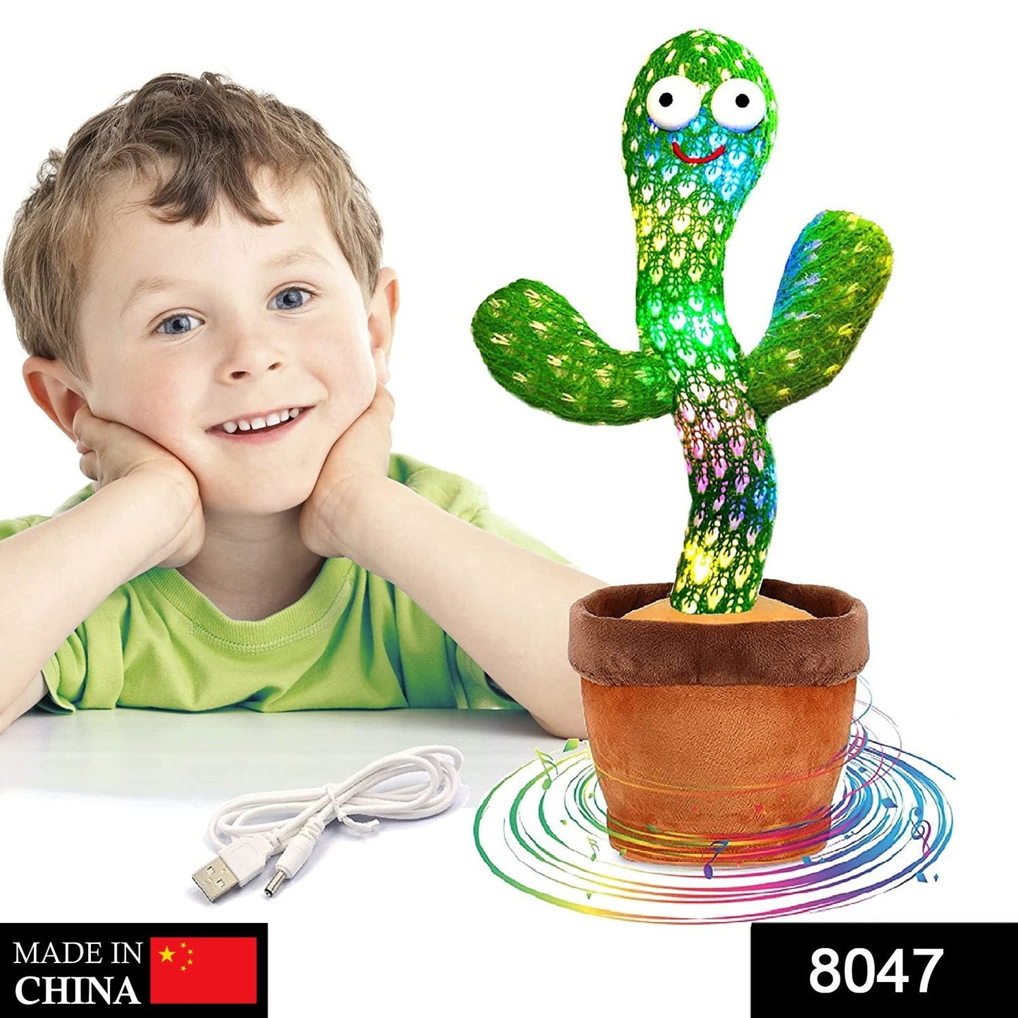 Dancing cactus toy with smiling green cactus in a brown pot, USB cable and base lights