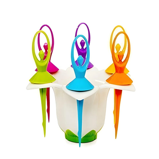 Set of three colorful dancing doll fruit forks: green, blue, and orange handles with loops