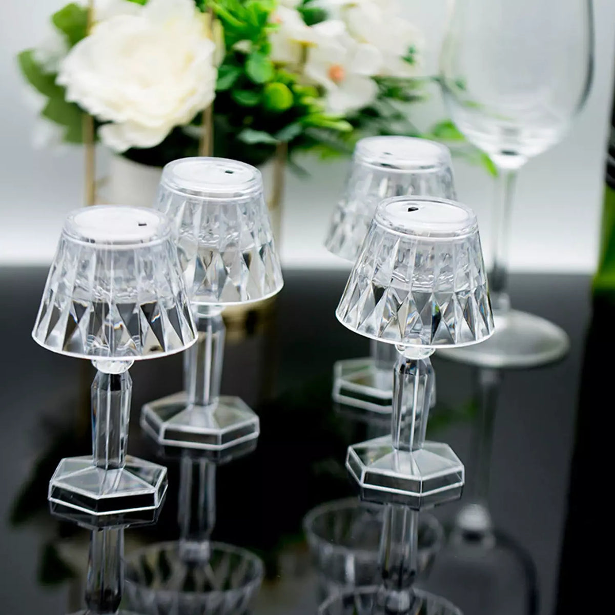 Decorative LED accent lamp set with clear faceted glass shades and metal base