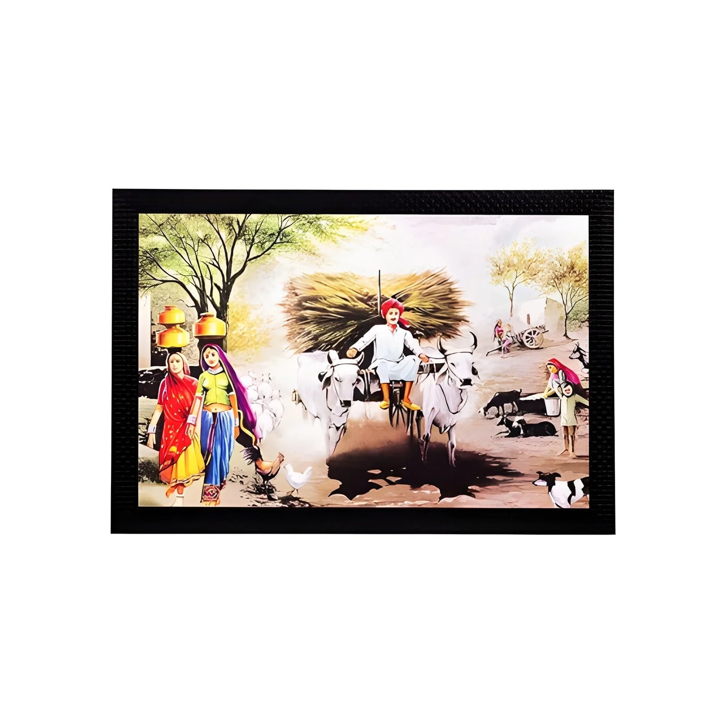 Decorative wooden landscape wall art with illustrated rural scene and animals in black frame