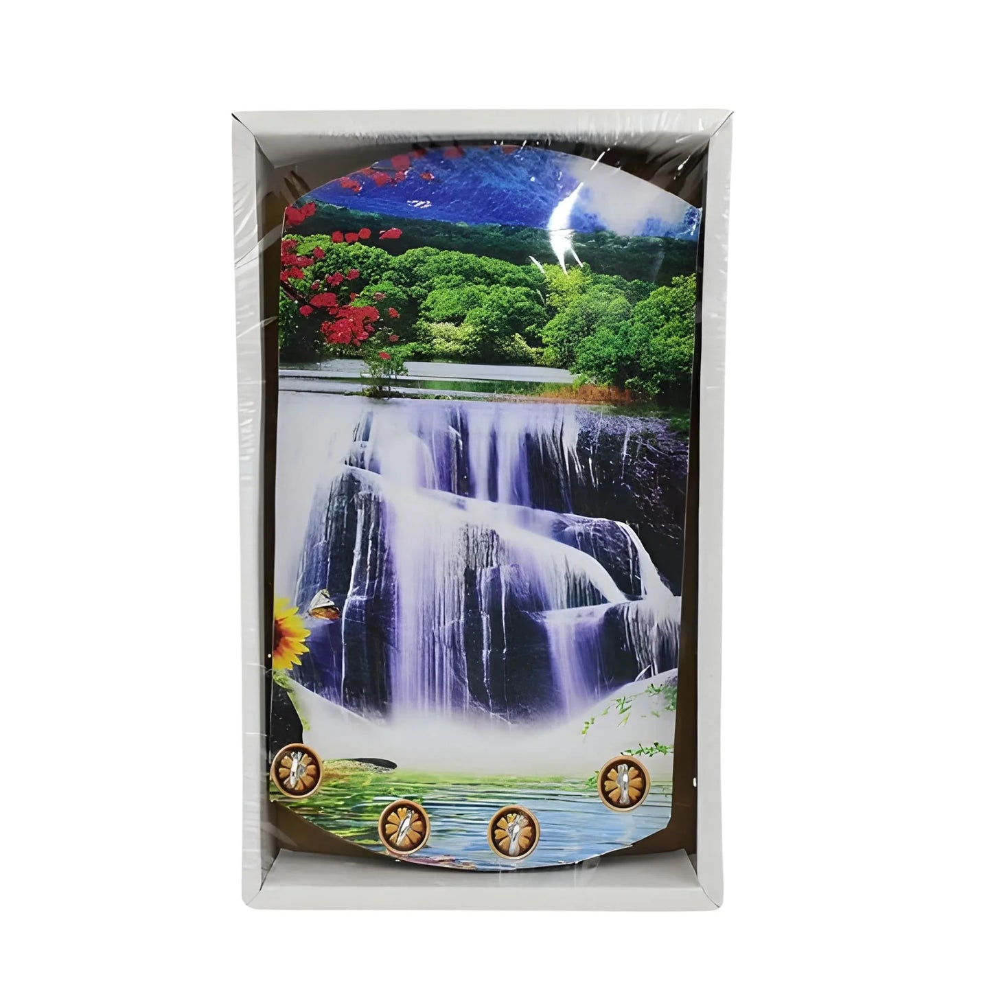 Wooden vertical scenery wall art with multi-tier waterfall landscape